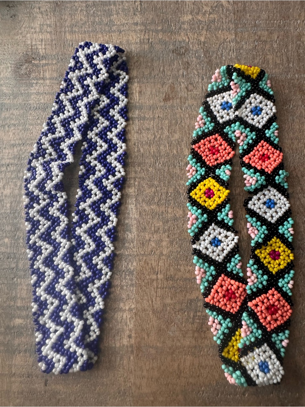 Beaded Headbands - Navy White Zigzag & Multicolor Diamond